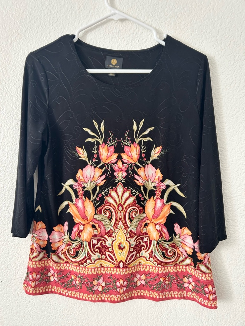 JM Collection Black Scoop-Neck Top with Pink & Orange Floral Border